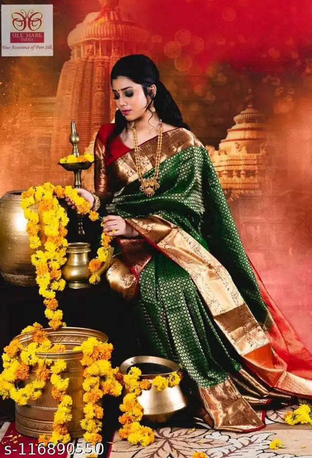 Woman in a traditional saree with floral decorations and temple background
