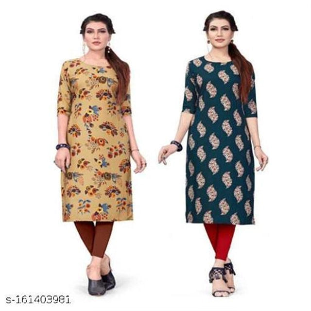 Two women wearing floral and patterned kurtis on a white background