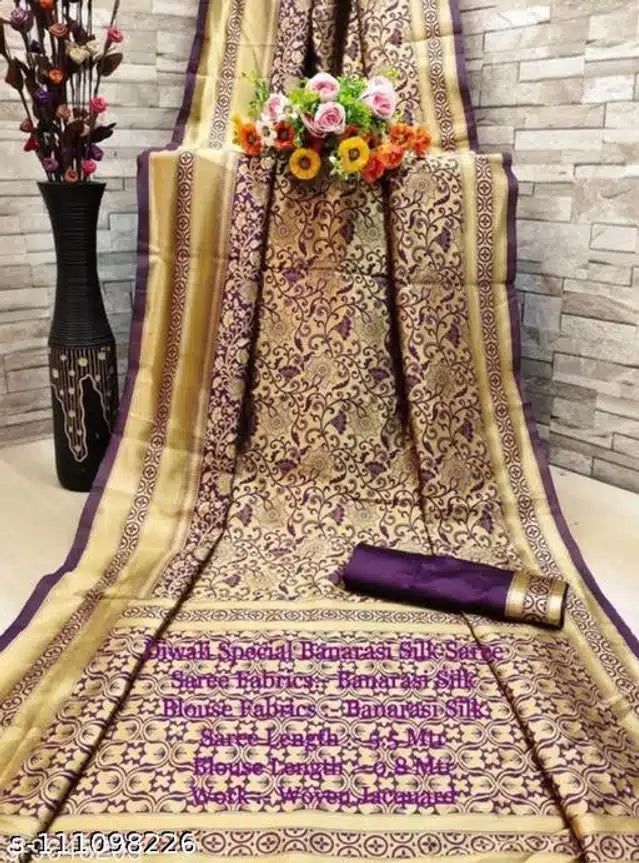 Banarasi Silk Saree With Blouse For Women (Golden & Purple)
