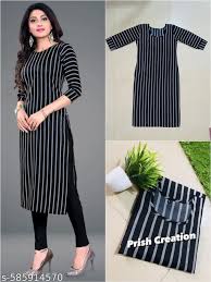 Two identical black and white striped kurtis worn by a model on a gray background