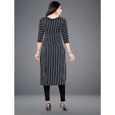 Two women wearing black and red striped kurtis on a gray background