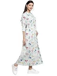White-Blue Floral Anarkali Rayon Printed Kurti