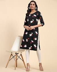 Two floral-patterned kurtis worn by a model on a beige background