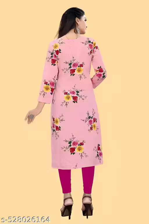 Woman wearing a pink floral dress on a beige background