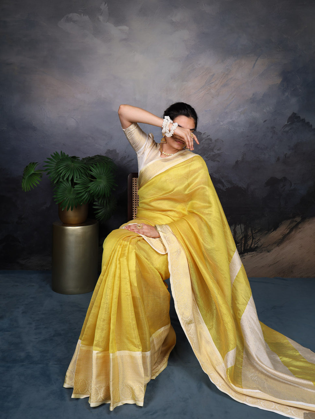 Yellow Zari Aesthetic Soft Chex Weaving Saree